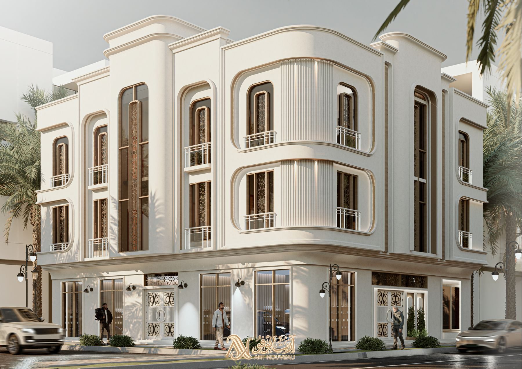 إظهار نهاري للمبنى السكني التجاري من زاوية الشارعين